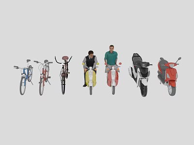 Colorful Motorcycles And Bicycles With Two People Standing In The Middle 3d model