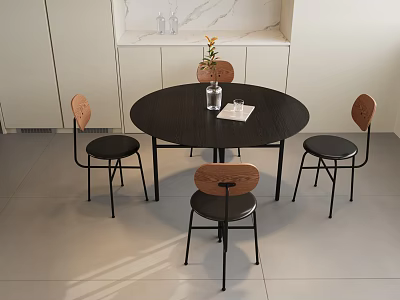 Minimalist Round Black Wooden Dining Table Set With Four Wooden Backrest Black Seat Chairs And Simple Vase Decoration 3d model
