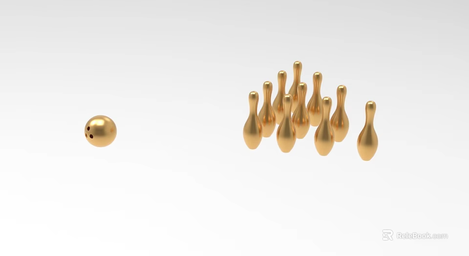 Golden Bowling Equipment Display Featuring A Shiny Ball And Upright Pins 3d model 