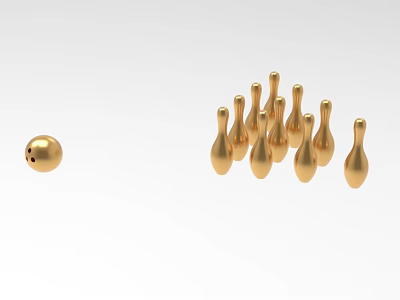 Golden Bowling Equipment Display Featuring A Shiny Ball And Upright Pins 3d model