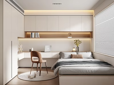 Modern Tatami Bedroom Interior with Desk Chair Bookshelf Window Blinds and Flower Vase 3d model