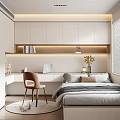 Modern Tatami Bedroom Interior with Desk Chair Bookshelf Window Blinds and Flower Vase
