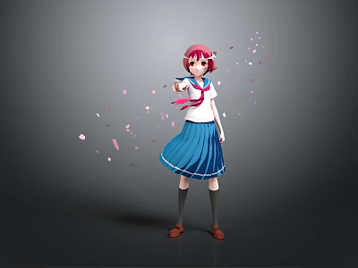Red Haired Girl In School Uniform Pointing Forward With Pink Petals 3d model