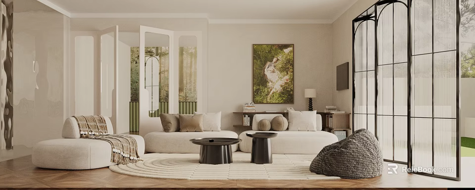 Modern Living Room Interior With Beige Sofa Area Rug Decorative Painting And Coffee Table 3d model 