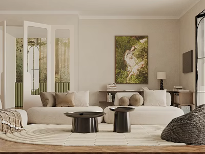 Modern Living Room Interior With Beige Sofa Area Rug Decorative Painting And Coffee Table 3d model