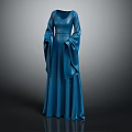 Elegant Blue Long Sleeve Formal Dress With Flowy Fabric And Classic Design