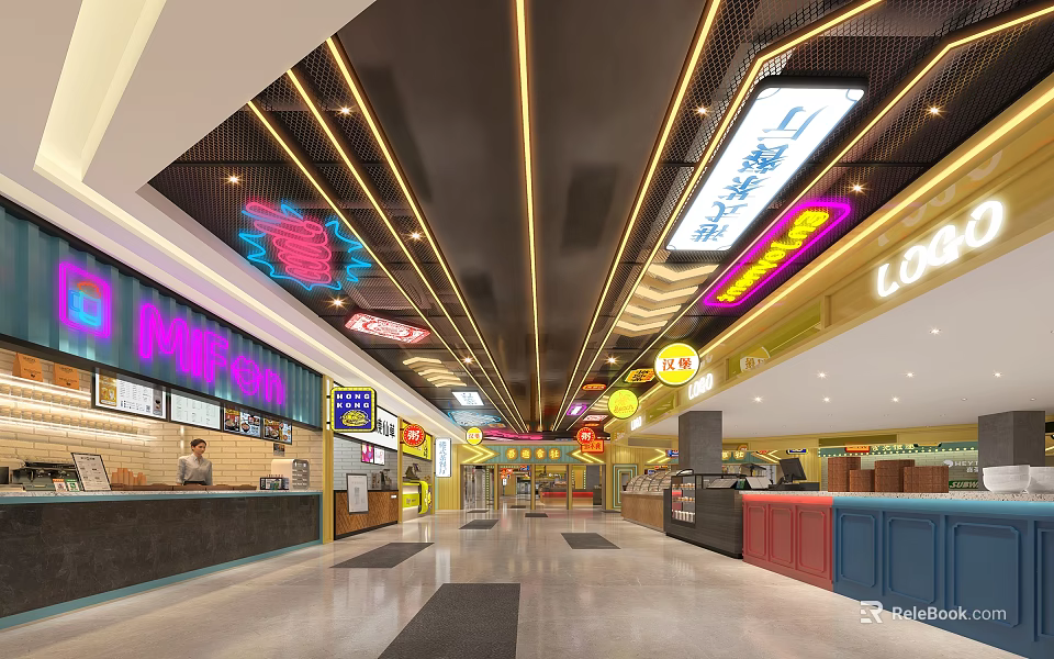 Shopping Mall Lobby Interior With Neon Signs Golden Ceiling Lighting And Colorful Shop Counters 3d model 