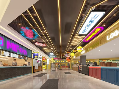 Shopping Mall Lobby Interior With Neon Signs Golden Ceiling Lighting And Colorful Shop Counters 3d model