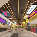 Shopping Mall Lobby Interior With Neon Signs Golden Ceiling Lighting And Colorful Shop Counters