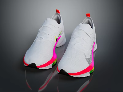 White Athletic Sneakers With Knit Upper Neon Pink And Green Accents Design 3d model