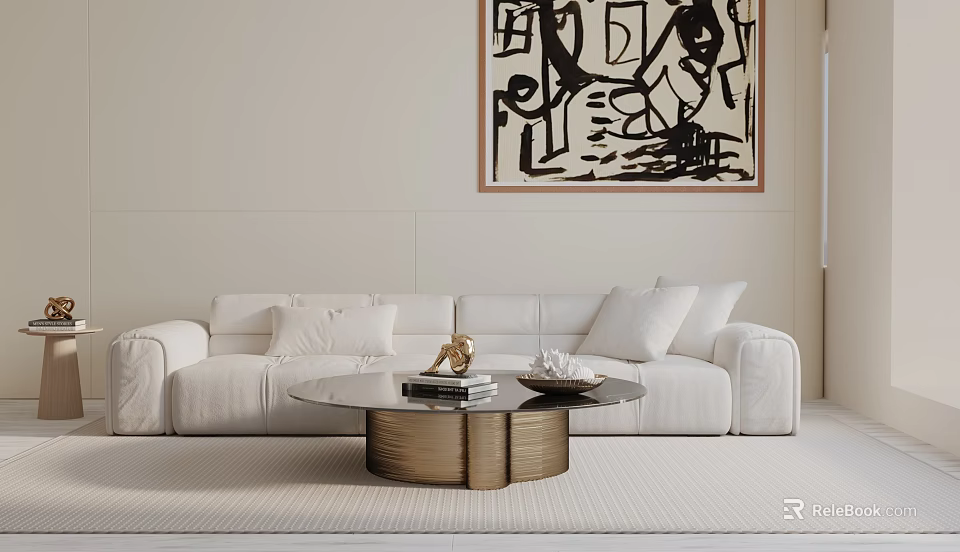 Modern White Three Seater Sofa Living Room With Coffee Table And Wall Art 3d model 