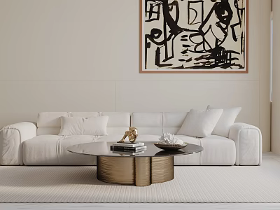 Modern White Three Seater Sofa Living Room With Coffee Table And Wall Art 3d model