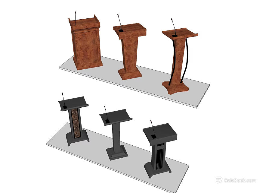 Stylish Functional Desks With Various Designs Brown Black Finishes And Microphones 3d model 