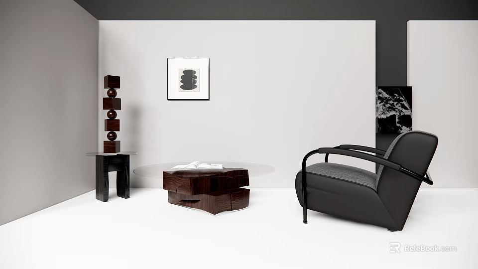 Modern Black Leather Single Sofa With Decorative Painting And Wooden Side Table 3d model 