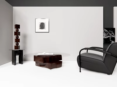 Modern Black Leather Single Sofa With Decorative Painting And Wooden Side Table 3d model
