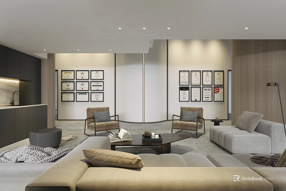Modern Lounge Area Interior With Cozy Sofa Armchairs Wooden Coffee Table And Wall Art 3d model 