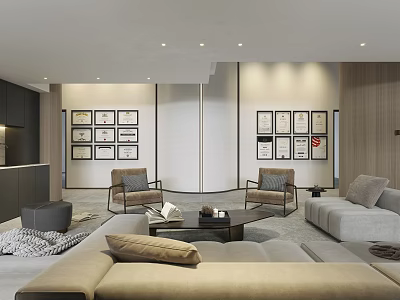 Modern Lounge Area Interior With Cozy Sofa Armchairs Wooden Coffee Table And Wall Art 3d model