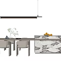 Modern Dining Table Set With White Chairs Marble Countertop And Hanging Light 3d model
