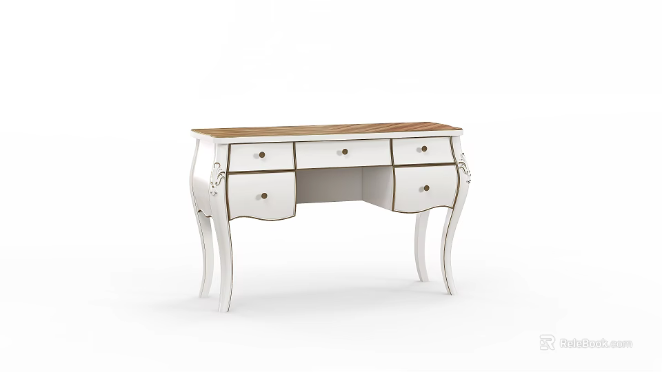Elegant White Dressing Table With Wooden Top Drawers And Curved Legs Design 3d model 