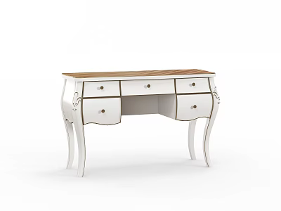 Elegant White Dressing Table With Wooden Top Drawers And Curved Legs Design 3d model