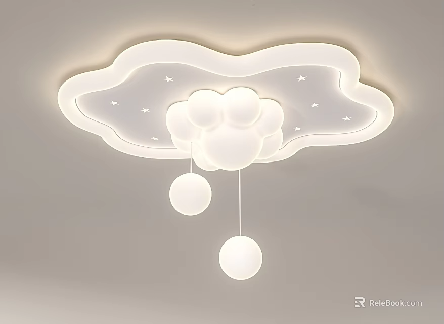 Cloud Shaped White Ceiling Light With Stars And Ball Pendants For Kids Room 3d model 