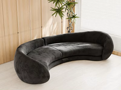 Black Curved Sectional Sofa In Modern Space With Wooden Wall And Green Plant 3d model