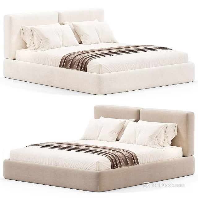 Elegant Modern Beige Upholstered Double Bed With Soft White Bedding For Cozy Minimalist Bedroom 3d model 
