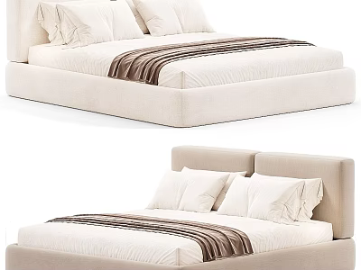 Elegant Modern Beige Upholstered Double Bed With Soft White Bedding For Cozy Minimalist Bedroom 3d model