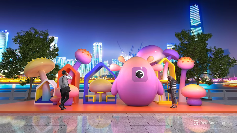 Outdoor City Night Art Installation With Pink Monster Sculpture Mushroom Decorations And Colorful Arches 3d model 
