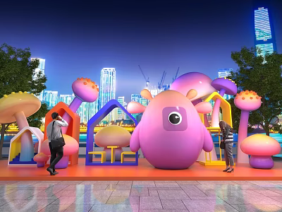 Outdoor City Night Art Installation With Pink Monster Sculpture Mushroom Decorations And Colorful Arches 3d model