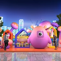 Outdoor City Night Art Installation With Pink Monster Sculpture Mushroom Decorations And Colorful Arches