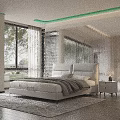 Modern Double Bed With Leather Headboard And Nightstand Lamp Near Large Window White Curtains