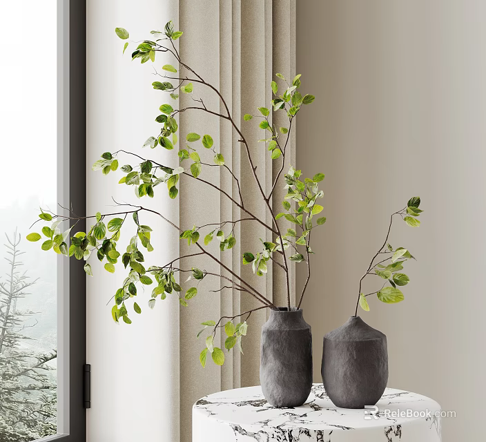 Gray Vases Holding Green Leaf Branches Placed on Table with Curtain and Natural Light 3d model 