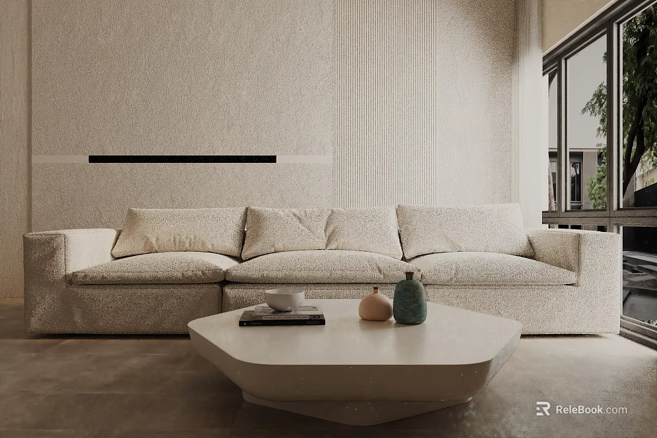 Three Seater Sofa In Bright Modern Living Room With Unique Coffee Table And Textured Wall 3d model 