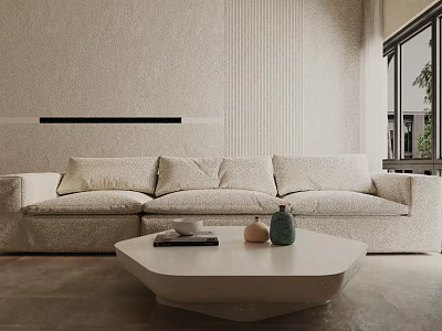 Three Seater Sofa In Bright Modern Living Room With Unique Coffee Table And Textured Wall 3d model