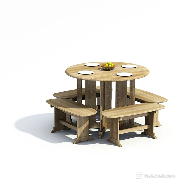 Round Wooden Table With Matching Benches And Fruit Plates On Top 3d model 