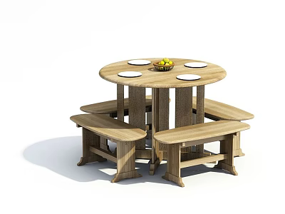 Round Wooden Table With Matching Benches And Fruit Plates On Top 3d model