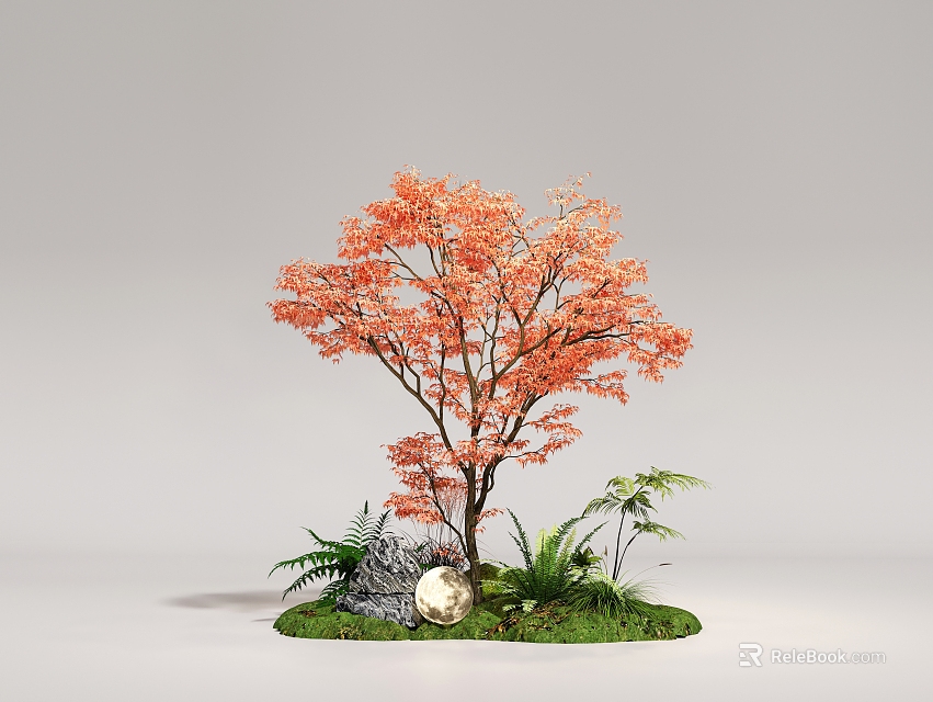 Ornamental Tree Featuring Red Leaves Green Ferns And Round Stone On Green Grass 3d model 