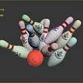 White Bowling Pins And Red Bowling Ball In Scattered Arrangement As Household Items