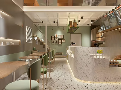 Modern Bubble Tea Shop Interior With Green Chairs Counter Seating And Lighting Fixtures 3d model