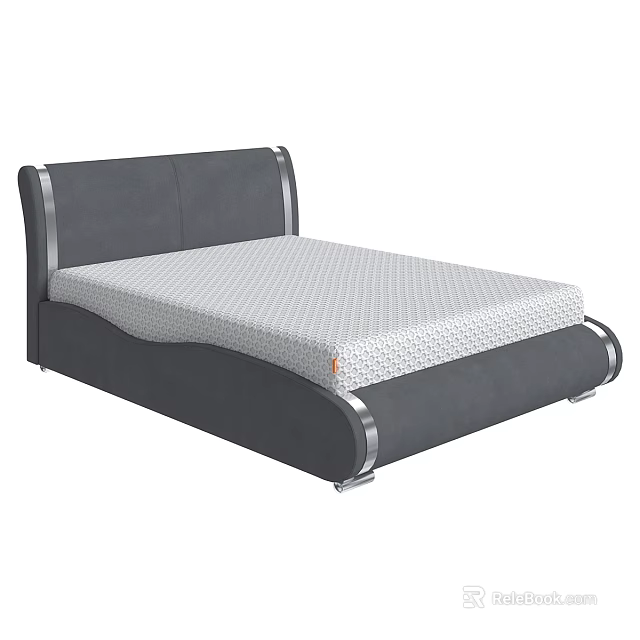 Double Bed With Gray Upholstered Headboard Silver Trim And White Grid Pattern Mattress 3d model 
