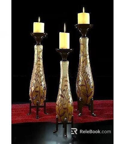 Three Elegant Vase Shaped Candle Lamps With Floral Patterns And Black Bases On Red Cloth 3d model 