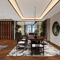 Modern Office Interior With Wooden Floor Desk Chair Green Plant And Decorative Paintings