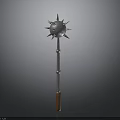 Medieval Spiked Mace Weapon With Silver Metal Head And Brown Wooden Handle