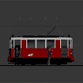 Red Tram With 101 Sign On Tracks Under Overhead Wires And Person With Umbrella