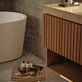 Modern Bathroom Interior with Gray Tiled Walls White Bathtub Hanging Robe Wooden Vanity Mosaic Shower