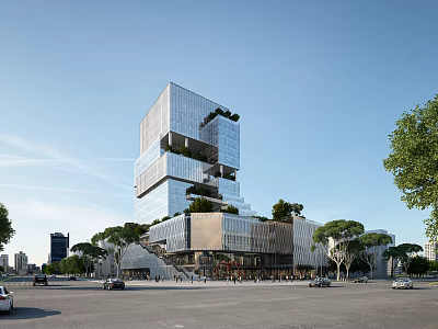 Modern Multi Storey Office Building With Glass Curtain Wall And Green Plants In Urban Environment 3d model