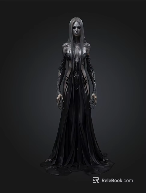 Dark Fantasy Character With Long Silver Hair And Black Gothic Robe Clawed Hands 3d model 