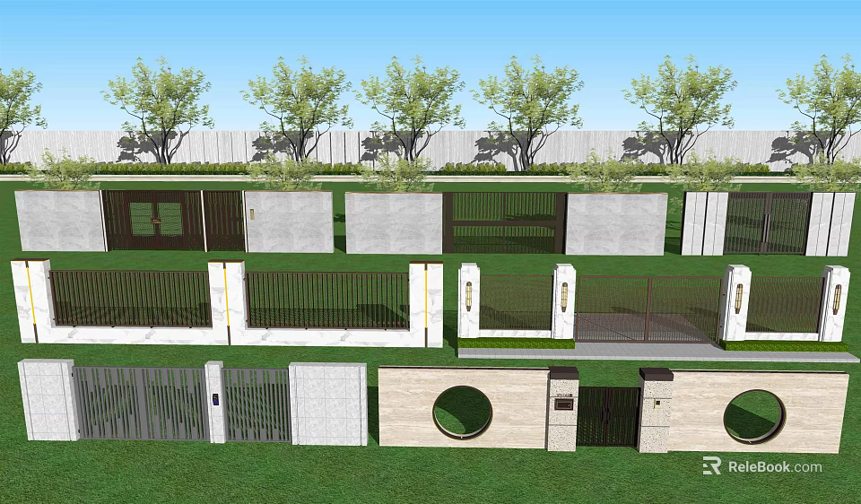 Various Designs Entrance Gates With Fences On Green Lawn And Trees Under Blue Sky 3d model 