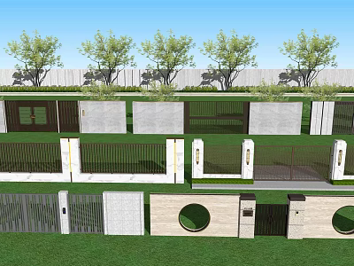 Various Designs Entrance Gates With Fences On Green Lawn And Trees Under Blue Sky 3d model